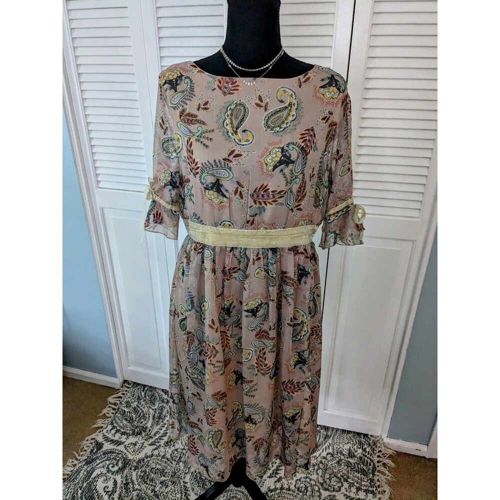 FEIINVAN Dress Womens M Fairycore Cottagecore Midi Paisley Dusty Pink Sheer Boho